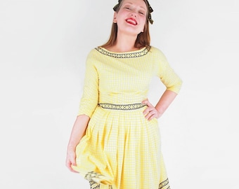 50s Yellow Gingham Skirt + Blouse Set with Black Cross Stitch M • VFG