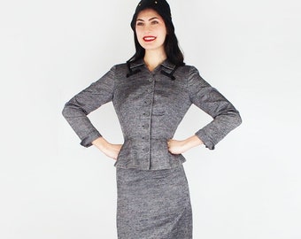 50s Black & White Silk Tweed Skirt Suit by Betty Rose • Black Satin Bow Detail + Beautifully Tailored • Summer Weight • VFG