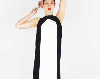 1960s Graphic Black & White Maxi Dress with Cape Back – Modernist Mod Gown – S M – VFG Member