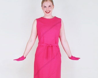 60s Bright Pink Linen Belted Shift Dress by Smartsette Original S M • Diagonal Stitching Details • VFG