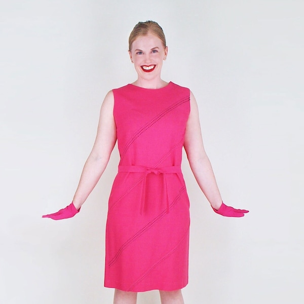 60s Bright Pink Linen Belted Shift Dress by Smartsette Original S M • Diagonal Stitching Details • VFG
