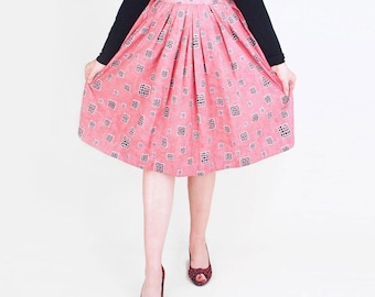 1950s Pink & Black Mid-century Modern Print Cotton Pleated Full Skirt 27" Waist - VFG Member
