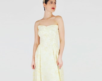 1960s Yellow Floral Flocked Strapless Gown – Layered Evening Dress – S – VFG Member