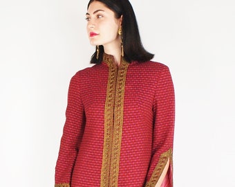 c. 1970 Long Tunic Dress by Susan Locke • Rich Pink Red Wool with Antique Golden Metal Braid • Kings Road London Boutique Designer • VFG