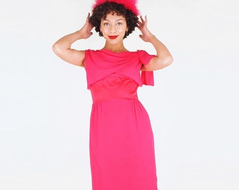 1960s Bright Pink Rayon Chiffon & Satin Cocktail Dress with Draped Bodice – S – VFG Member