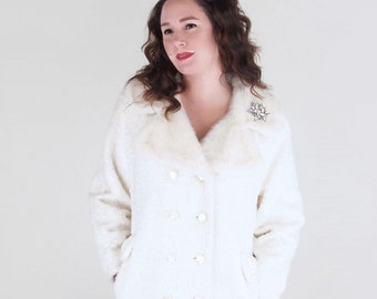 70s White Faux Fur Back Belted Peacoat Jacket M L • VFG