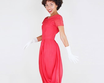 1950s Coral Silk Sheath Dress with Draped Panels Skirt S - VFG Member