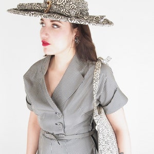 1950s Wide Brimmed Hat & Matching Bag + Hat Box - White and Black Eyelet - Original by Sherman - VFG Member