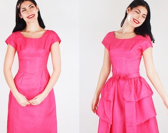 60s Bright Pink Sheath Dress with Removable Overskirt XS • "Barbie Pink" Taffeta • VFG