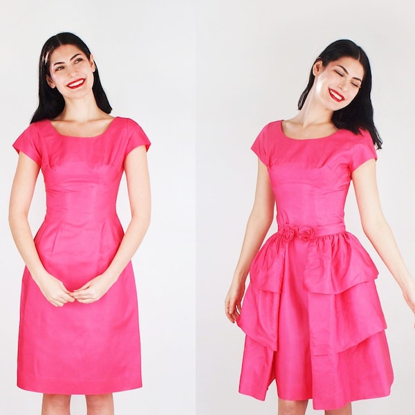 60s Bright Pink Sheath Dress with Removable Overskirt XS • "Barbie Pink" Taffeta • VFG