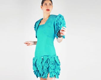 Partykleid und Bolero-Set aus leuchtend türkisgrünem Taft aus den 1980er-Jahren mit Rüschenärmeln – Größe S – VFG-Mitglied