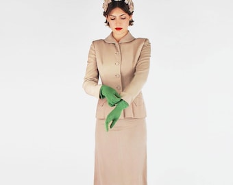 1940s Forstmann Wool Gabardine Skirt Suit – Soft Tan Tailored Jacket XS – VFG Member