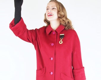 50s Cherry Red Wool Winter Weight Coat M • VFG