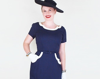 50s Navy Sheath Dress with White Trim by George Hess M • Pure Irish Linen • Buttons Down the Back • VFG