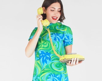 1960s Psychedelic Mod Dress - Green Blue Floral Swirl Print Silk Shift by Marek - S - VFG Member