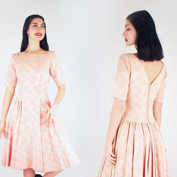 50s 60s Pink Damask Dress with Full Skirt, Dropped Waist S • Tiny Back Buttons Square Neckline • VFG
