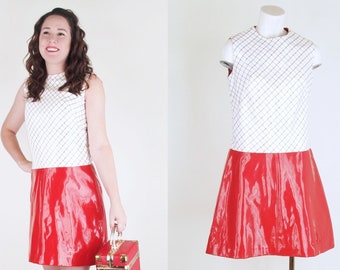60s White & Red Shiny Patent Vinyl Dropped Waist Mini Dress S • VFG