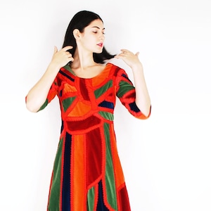 1970s Cotton Velvet Crazy Quilt Patchwork Dress - A Hippie Era DIY Work of Art - VFG Member