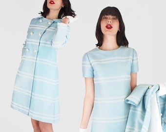 1960s I. Magnin Coat & Dress Set in Light Blue Alaskine Wool + Silk – Mod Stripes, Crystal Buttons, Size S – VFG Member