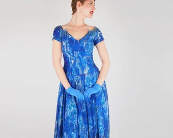 1950s Blue Silk Painterly Print Cocktail Dress with Iridescent Sequins – S – VFG Member
