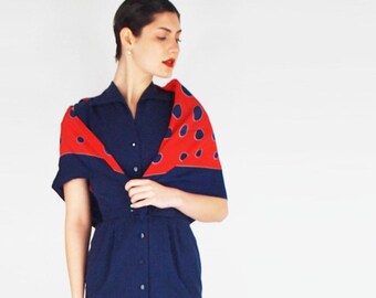 1940s Red & Navy Dot Silk Scarf – 33" Square, Graphic Polka Dot, Hand-Painted Look – VFG Member