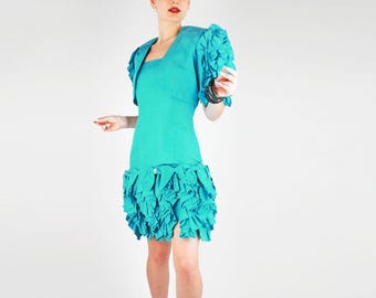 1980s Bright Teal Green Taffeta Party Dress & Bolero Set with Ruffled Puff Sleeves – S – VFG Member