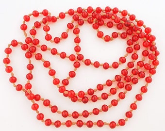 20s Red Translucent Glass Beads Hand Knotted Extra Long String 56" • VFG