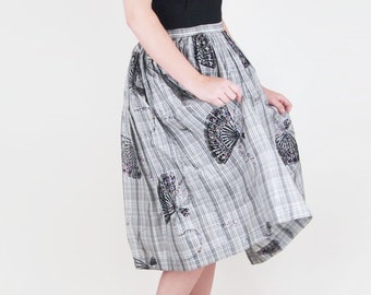 50s Vintage Taffeta Full Skirt with Flocked & Glittered Fans 27.5" waist • VFG