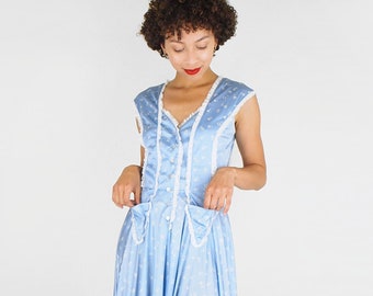 70s 30s-style Long Light Blue Dress with Heart Buttons, Lace Trim & Triangle Pockets S • VFG