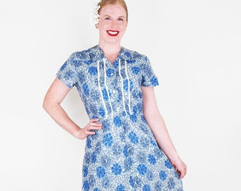 50s Blue Print Cotton Summer Dress by Wentworth M • Lace Trim • VFG