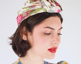 1950s Draped Floral Turban Hat - Pink Rose Print with Rosette Front - VFG Member