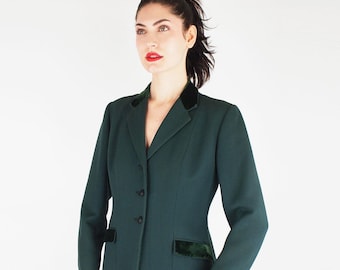 Vintage Evergreen Cavalry Twill Equestrian Jacket Made in England by Newmarket M -  Fox Buttons, Velvet Trim - VFG Member