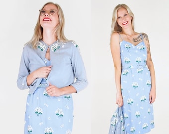 50s Blue Linen Sheath Dress with Flower Embroidery + Matching Cardigan with Appliqued Flowers S Profit Goes to Save the Manatee Club • VFG