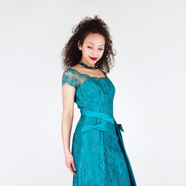 50s Teal Blue Silk Satin & Lace Cocktail Dress by Gottlieb Armao S • VFG