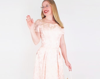 1960s Pink Damask Long Dress with Back Knot M - Princess Seams, Full Skirt - VFG Member