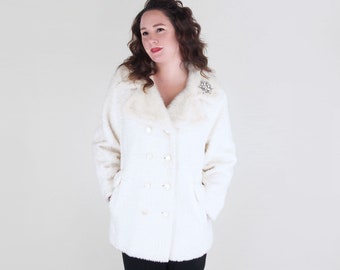 70s White Faux Fur Back Belted Peacoat Jacket M L • VFG