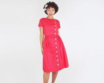 60s Raspberry Red Cotton Full Skirt Dress with White Rickrack by Bobbie Brooks S • VFG