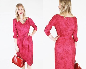 50s Raspberry Red Rose Print Silk Surah Sheath Dress S to possibly M • Lovely Wrap Look Bodice & Front Tie • VFG