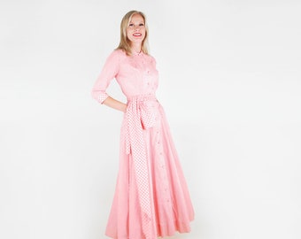 50s Pink Gingham Long Hostess Dress with Sash XS • VFG