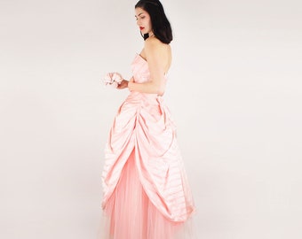 60s Strapless Long Formal Dress Pink Shadow Stripe & Tulle S • Show Stopping Prom or Wedding Gown • Disneybound Princess • VFG