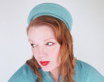 Late 50s 60s Aqua Blue Pillbox Hat with Gathered Sides • Soft Wool Knit • VFG
