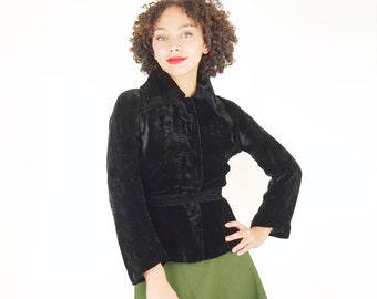 30s Black Silk Crushed Velvet Belted Jacket - Lou Johnson Seattle-Tacoma S • Big Topstitched Collar • VFG