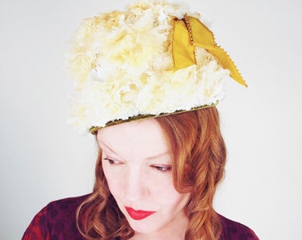 60s Frothy Cream Flower Pot Tall Crown Hat with Gold Bow by Christine Original • VFG