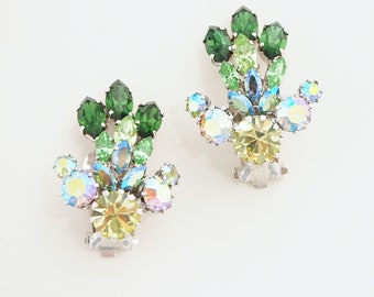 50s 60s Green & AB Rhinestone Clip On Earrings Fiery Bright! • VFG