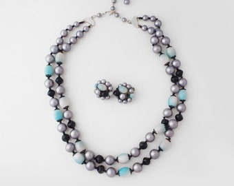 50s Blue, Black & Pewter Gray 2 Strand Bead Necklace + Earrings Japan 20.5" - 23" • VFG