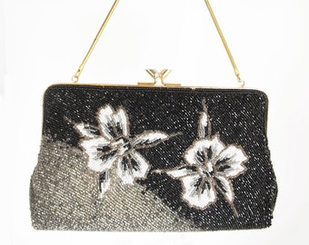 60s Black & Silver Heavily Beaded Convertible Evening/Clutch Bag • VFG