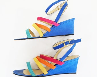 80s Rainbow Ankle Strap Wedge Sandals Shoes • Red by Ramón Tenza 7 1/2M • Cornflower Blue Suede • VFG