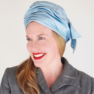 1960s Christian Dior Light Blue Silk Turban Hat with Back Bow - Sky Blue Silk Faille Dramatically Draped - VFG Member