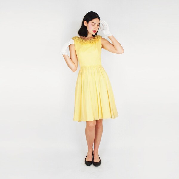 60s Yellow Chiffon Dress with Ruffled Neckline & Full Skirt by Jr. Theme XS • Attached Crinoline, Lower Back Neckline • VFG