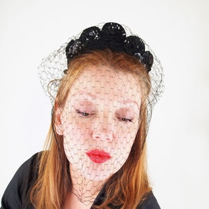 1940s New York Creation Black Felt Sequined Scallop Halo Hat with Veil - VFG Member